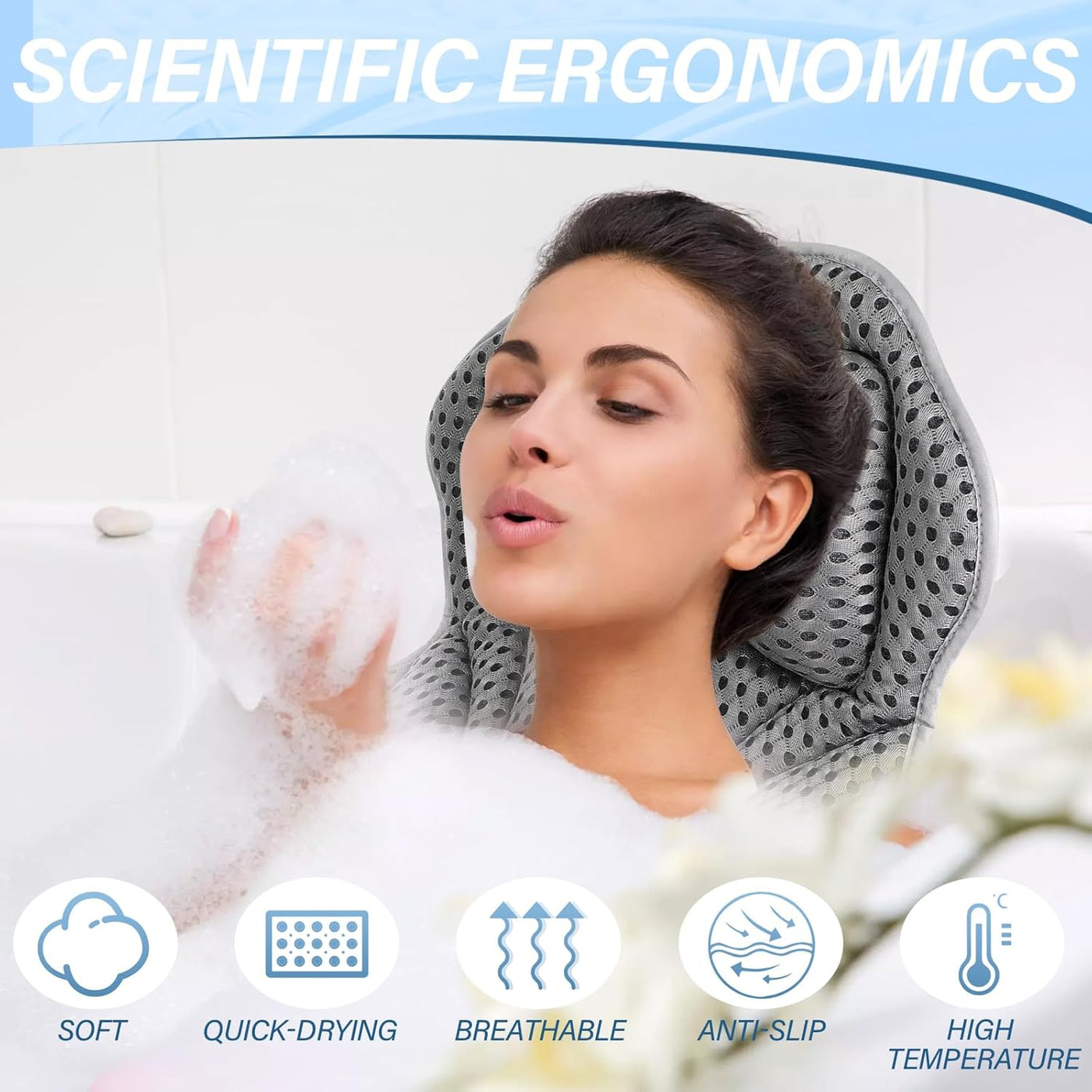 Bath Pillow with 2 Strong Suction Cups, Bath Pillow for Bathtub with 4D Air Mesh Technology, Bath Pillow Neck with Ergonomic Fit for Neck, Back, Bath and Home Spa