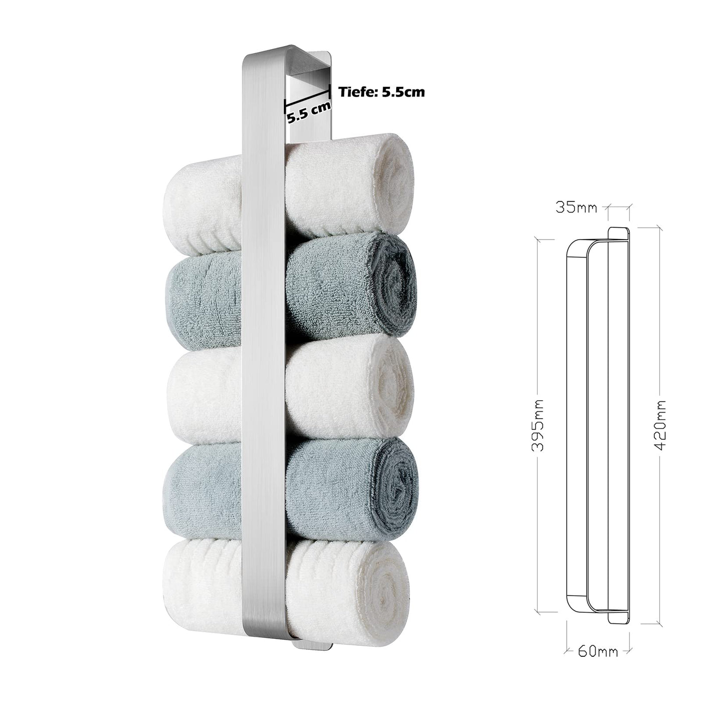 Towel Holder, No Drilling, Guest Towel Holder, Self-Adhesive, Bath Towel Holder, Stainless Steel Towel Holder, Wall Mounting (Black, 42 cm)