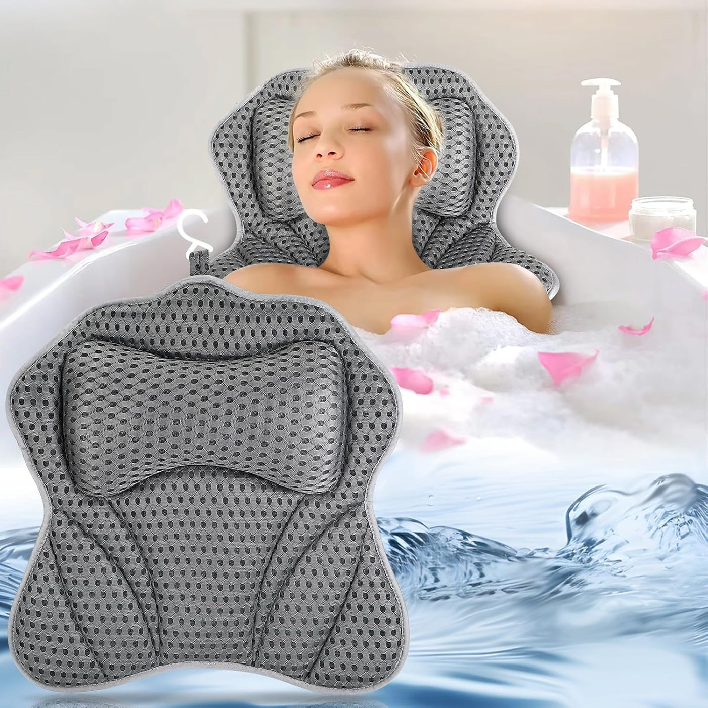 Bath Pillow with 2 Strong Suction Cups, Bath Pillow for Bathtub with 4D Air Mesh Technology, Bath Pillow Neck with Ergonomic Fit for Neck, Back, Bath and Home Spa