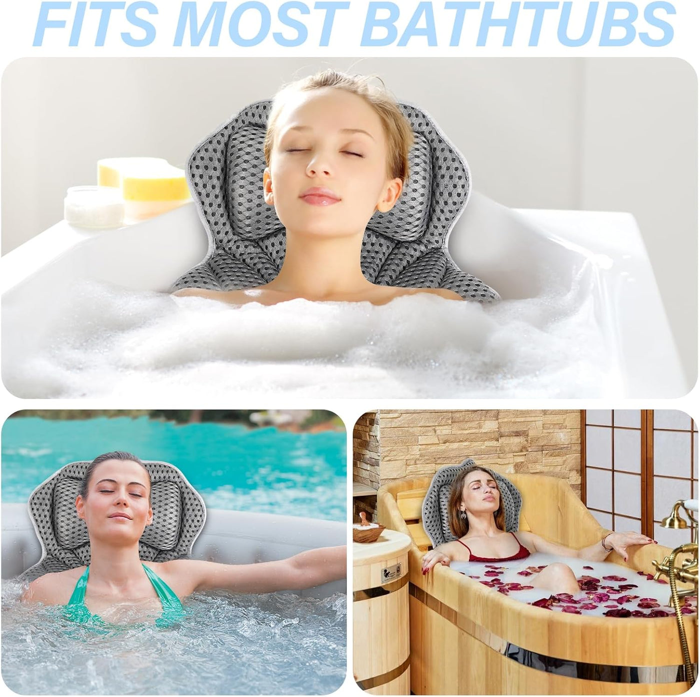 Bath Pillow with 2 Strong Suction Cups, Bath Pillow for Bathtub with 4D Air Mesh Technology, Bath Pillow Neck with Ergonomic Fit for Neck, Back, Bath and Home Spa