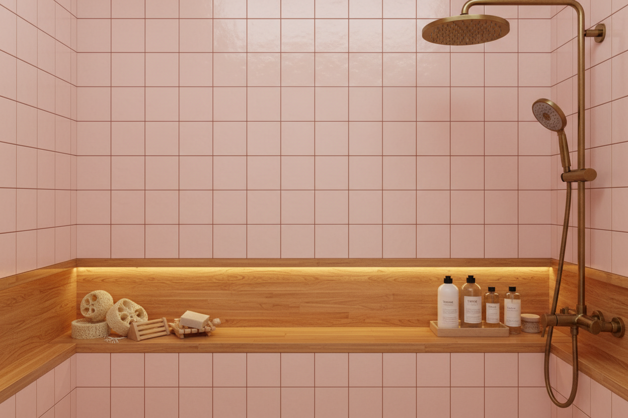 Rosa mit Marshmallow Fliesen Holzlack bitte ein bild von einer Wand